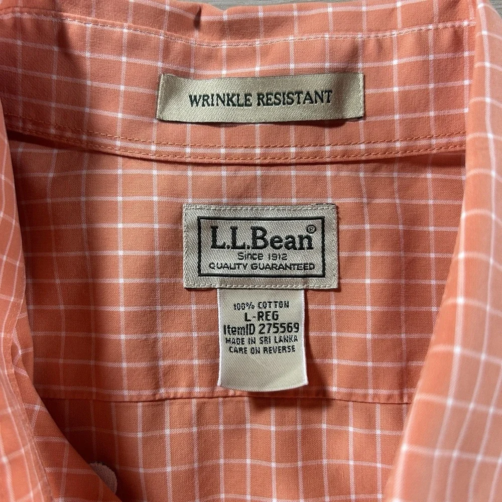 LL Bean Mens Large Orange Check Wrinkle Free Traditional‎ Fit Button Down